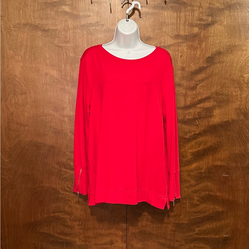 Chicos Zenergy Size 2 Zipper Sleeve Fall Sweatshirt Womens 12/14 Red Cotton Knit